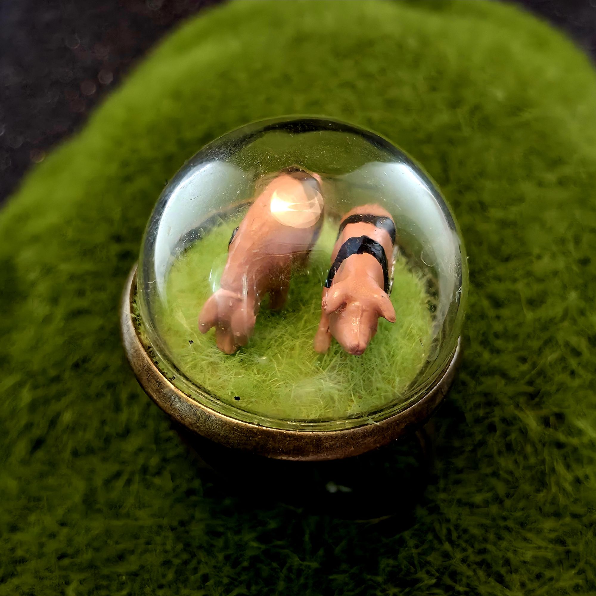Bague en métal et bulle de verre présentant deux mini cochons