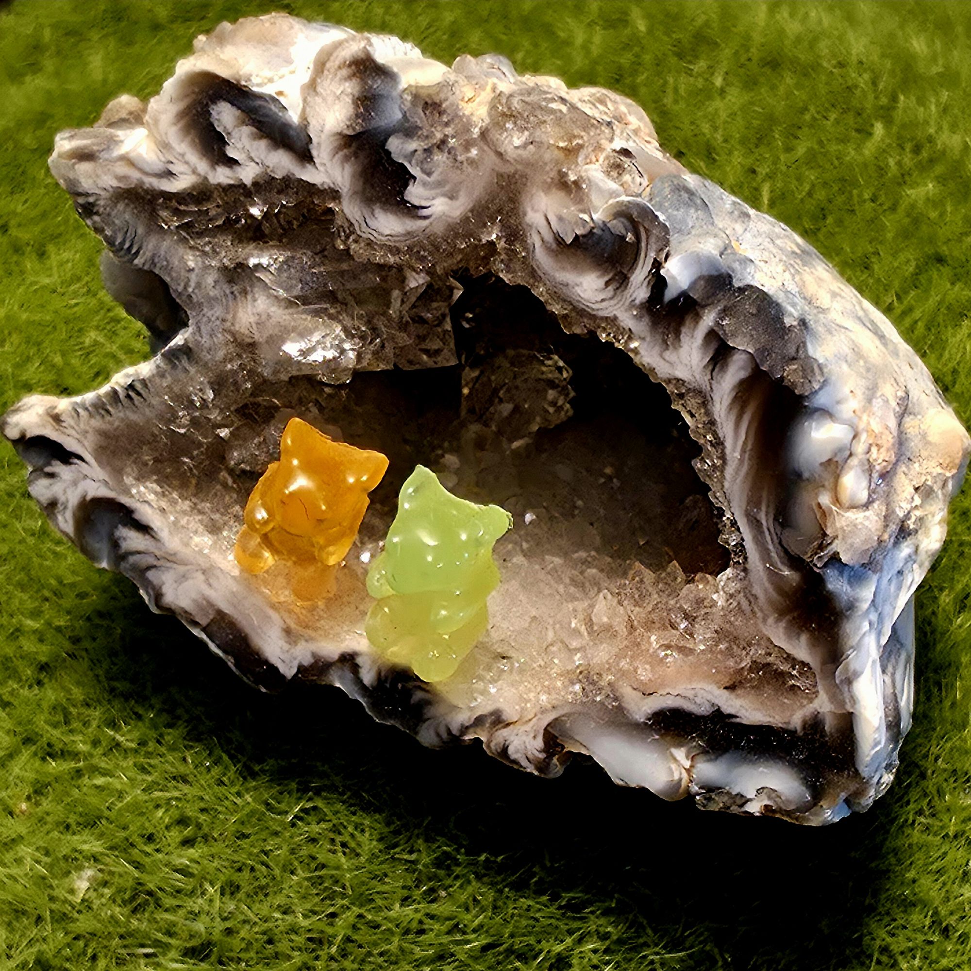 Petit cristal de roche présentant deux oursons haribo minuscules gardant l'entrée de la grotte