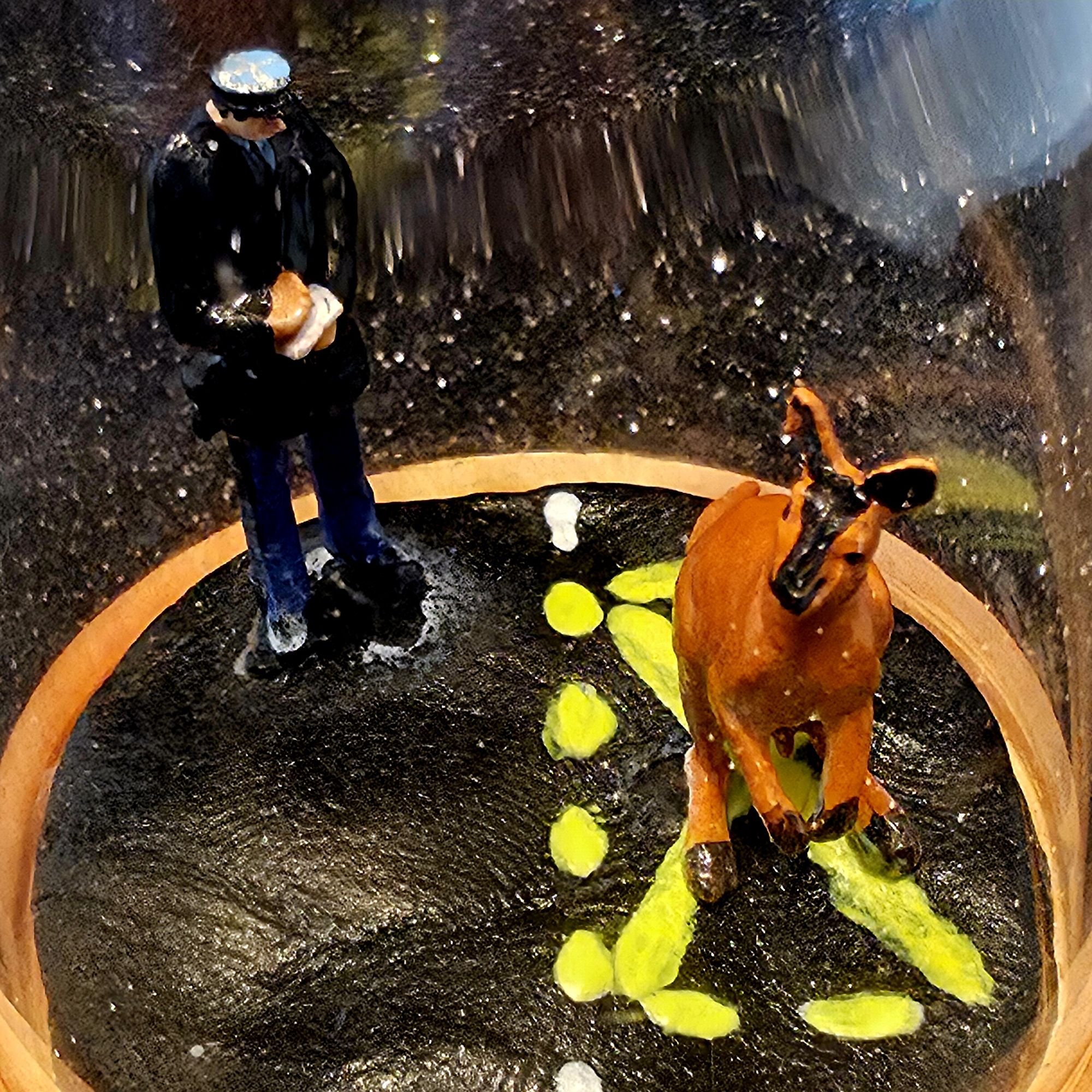 Grande bulle de verre contenant un policier en train de mettre une amende à un kangourou mal garé